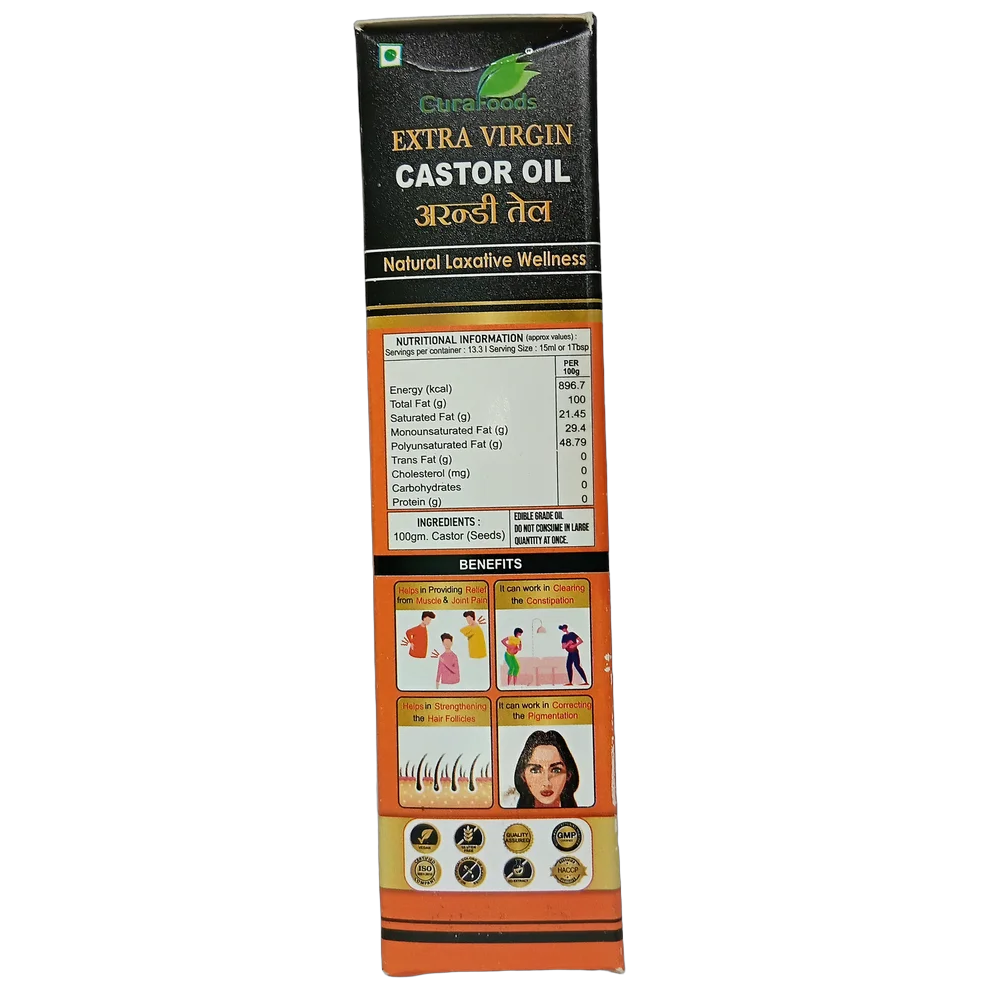 Cura Foods Extra Virgin Castor Oil (एरण्ड तेल) | 100ml packaging bottle